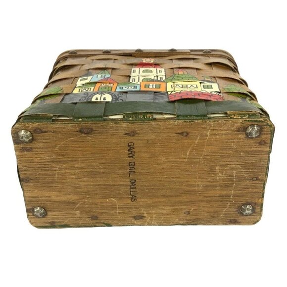 Gary Gail Dallas Vintage 1970s Woven Wood Basket Purse Hand-Painted Cityscape - Picture 8 of 9